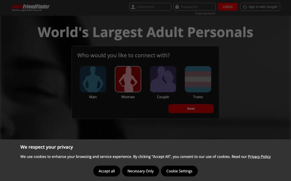 AdultFriendFinder homepage screenshot