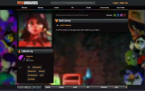 Screenshot der Startseite von Newgrounds Adult Games