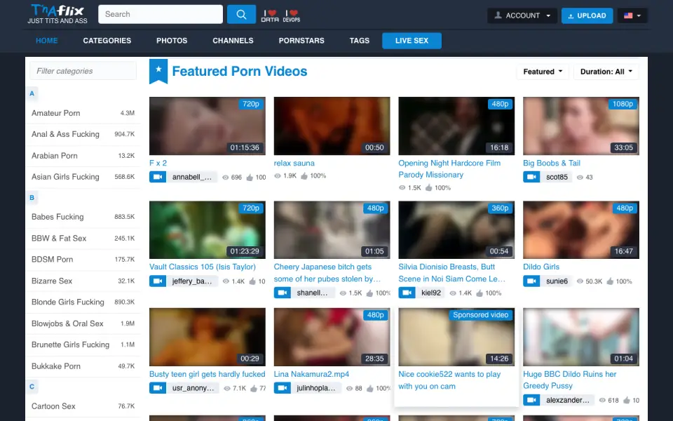 TNAFlix homepage screenshot